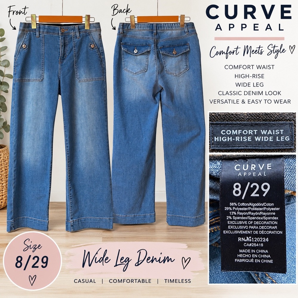 Curve Appeal High Rise Wide Leg Comfort Waist Jeans Blue Size 8/29